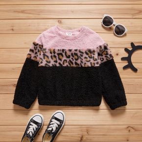 Kid Girl Leopard Pattern Colorblock Fuzzy Teddy Pullover Sweatshirt